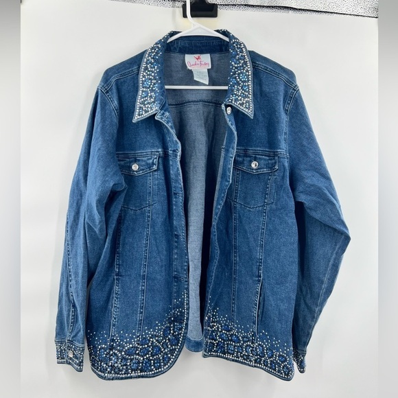 Quacker factory blue jeans shirt bedazzled size L vintage - Picture 1 of 8